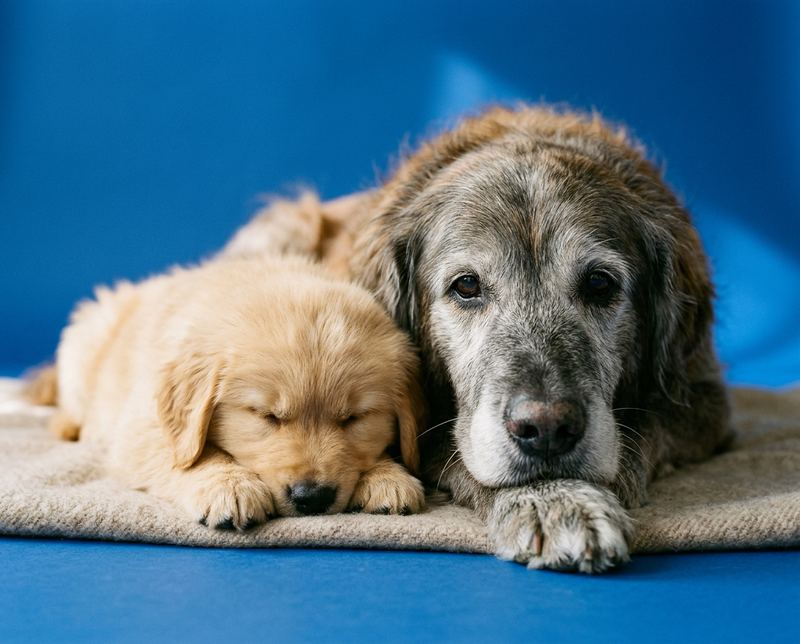 A sleepy golden retriever puppy curled up next to a grey-muzzled senior dog