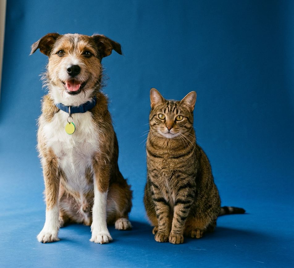 A smiling mixed-breed dog wearing a green ID tag sits next to a tabby cat