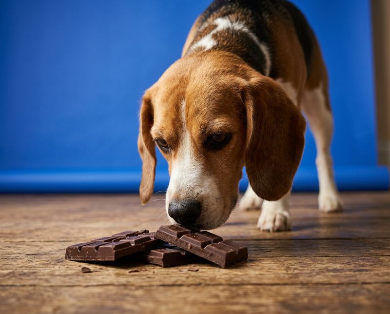 A beagle sniffing a broken bar of dark chocolate on the floor